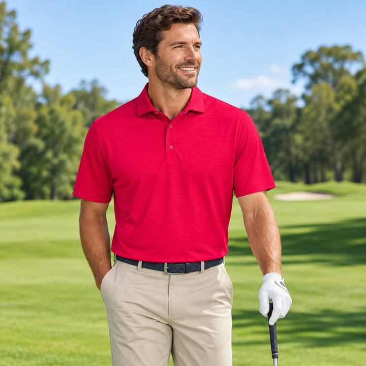 Dunning Mens Short Sleeve Helsby Pinstripe Jersey Performance Button Polo - Glory Red/Night sky