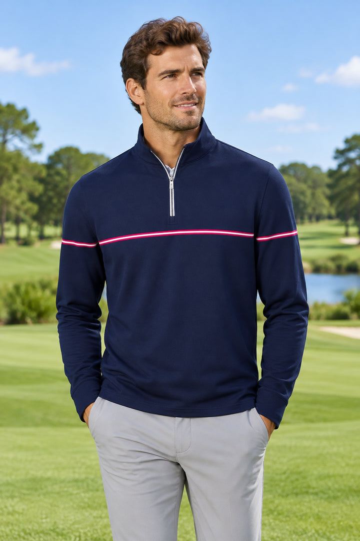 Dunning Mens Long Sleeve Graphene Stripe Zip Mock - Night Sky/Glory