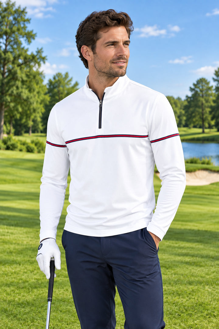 Dunning Mens Long Sleeve Graphene Stripe Zip Mock - White/Glory