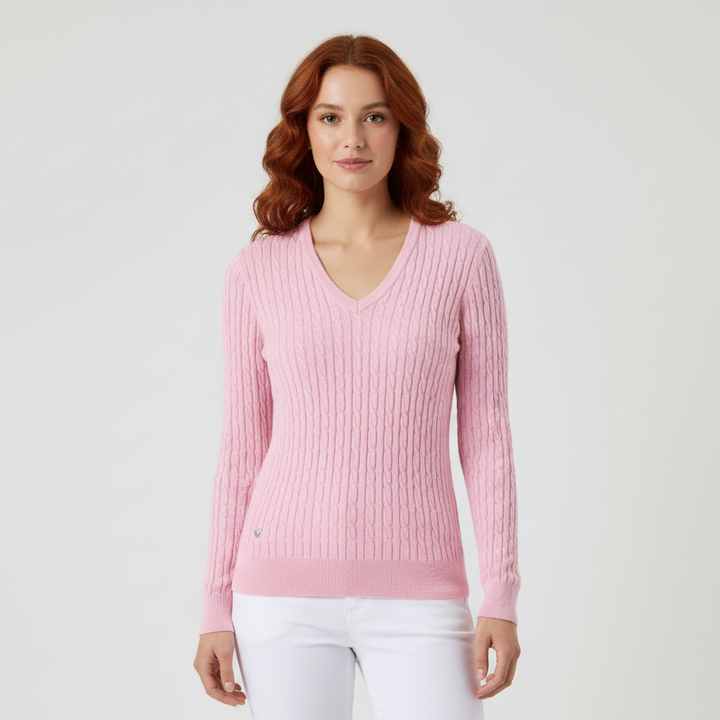 Daily Sports Women's V-Neck Sweater Madelene Veronica Cable Knit Pink Size XS