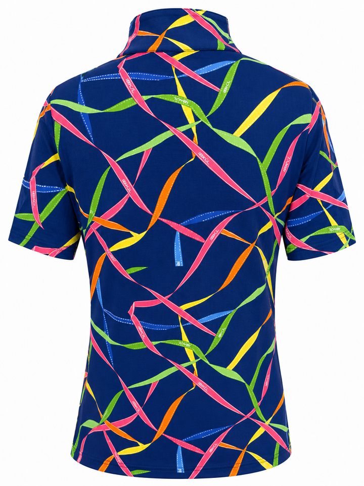 IBKUL Ribbons Short Sleeve Zip Mock - Navy Multi