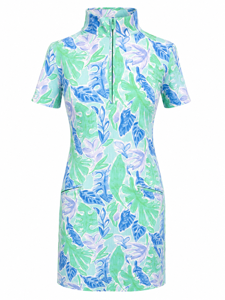 IBKUL Short Sleeve Zip Mock Dress - Jade/Blue