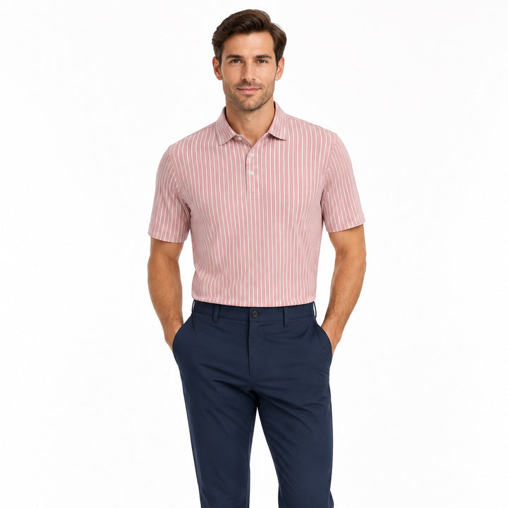 Collars & Co. Men's Polo Performance Fabric Semi-Spread Collar Pink Pinstripe Size L
