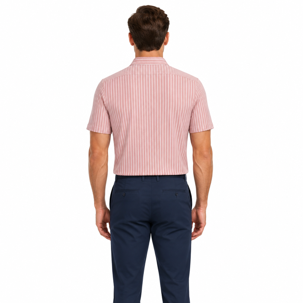 Collars & Co. Men's Polo Performance Fabric Semi-Spread Collar Pink Pinstripe Size L