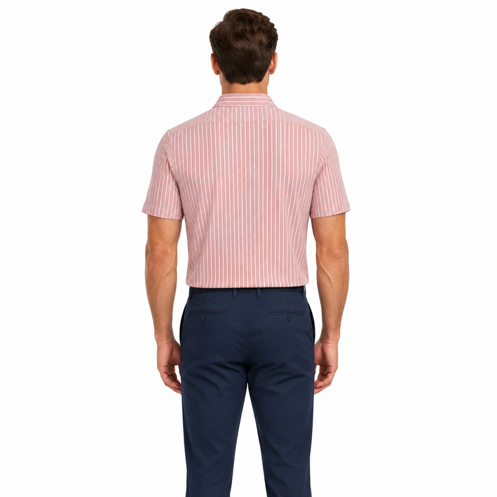 Collars & Co. Men's Polo Performance Fabric Semi-Spread Collar Pink Pinstripe Size L