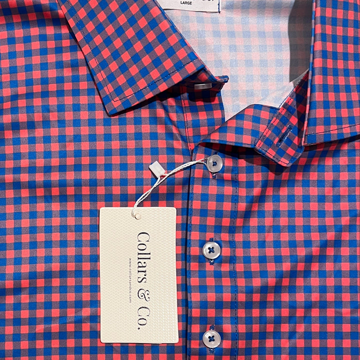 Collars & Co. Men's Polo Performance Fabric Semi-Spread Collar Red/Blue Gingham