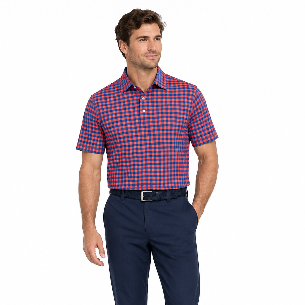 Collars & Co. Men's Polo Performance Fabric Semi-Spread Collar Red/Blue Gingham