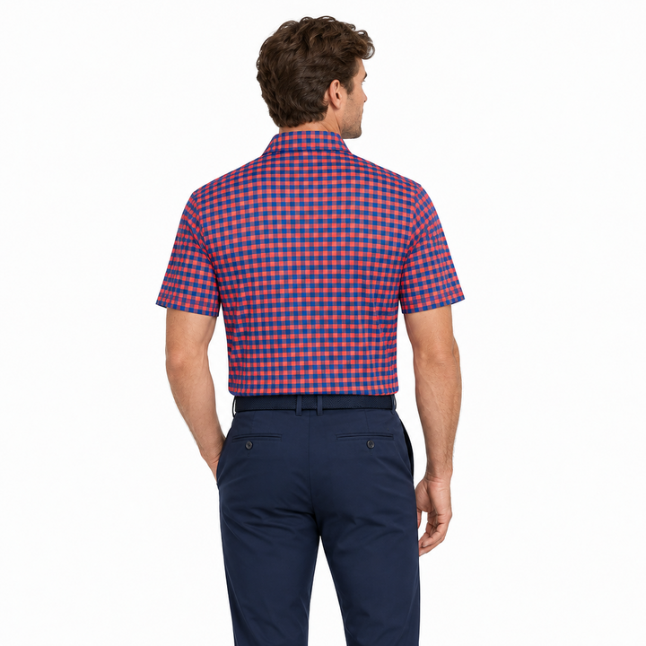 Collars & Co. Men's Polo Performance Fabric Semi-Spread Collar Red/Blue Gingham