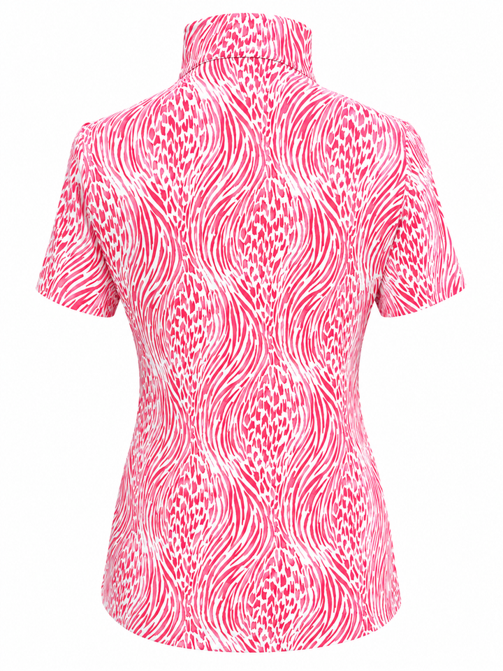 IBKUL Alena Short Sleeve Zip Mock - Watermelon/White