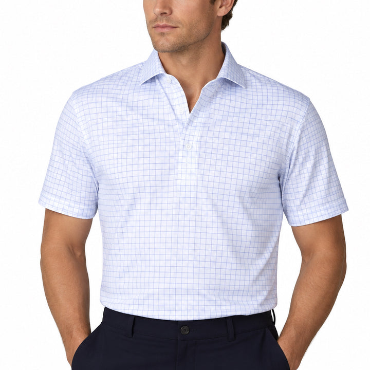 Collars & Co Men's Golf Polo Semi-Spread Collar Thin Blue Check Size L