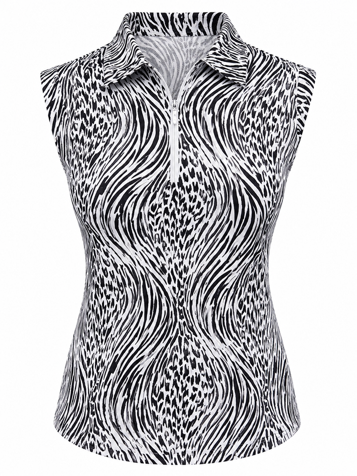 IBKUL Womens Alena Sleeveless Zip Polo - Black/White Safari