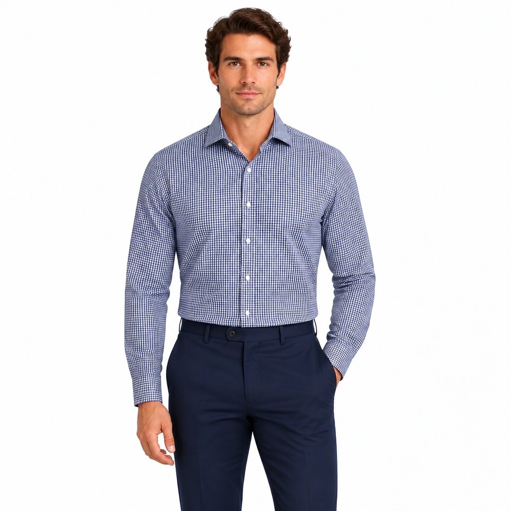 Collars & Co. Men's L/S Polo Apex Performance Fabric Semi-Spread Blue/White Print Size XL