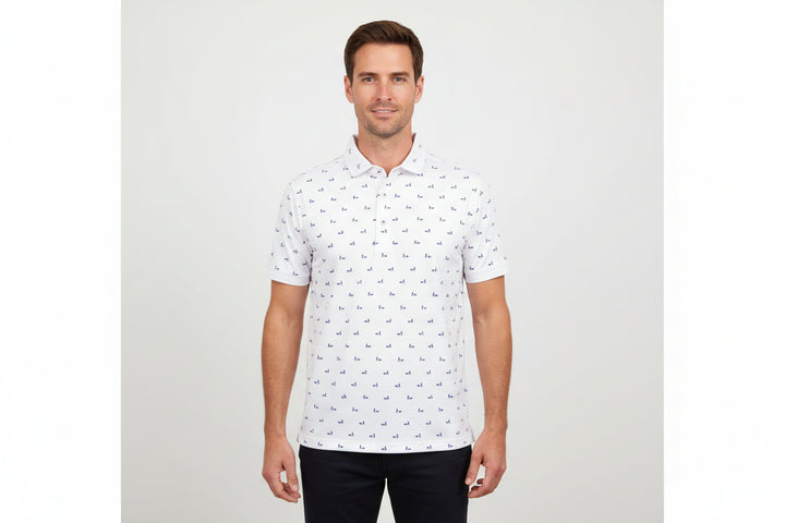 Donald Ross Mens Walking The Dog Short Sleeve Polo - White/Navy