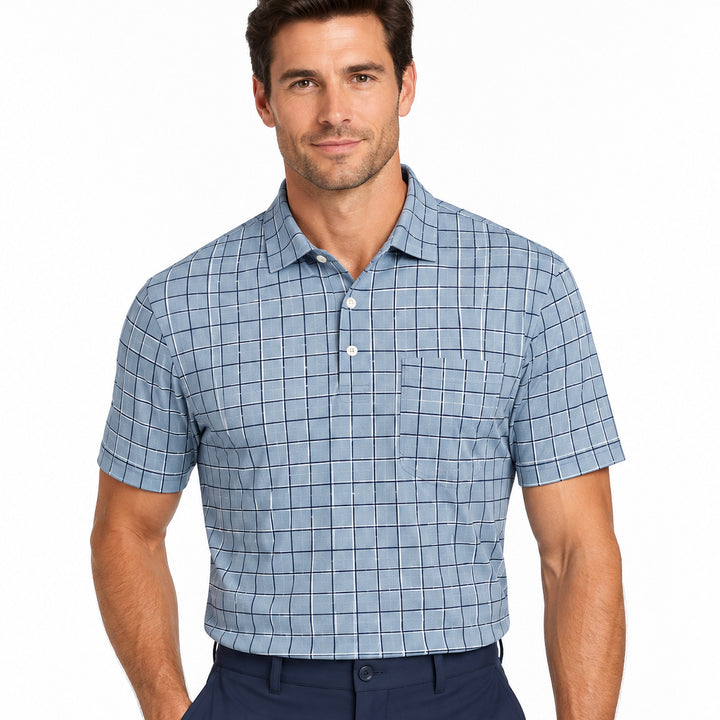 Collars & Co. Men's Polo Performance Fabric Semi-Spread Collar Blue/Navy Squares Size M