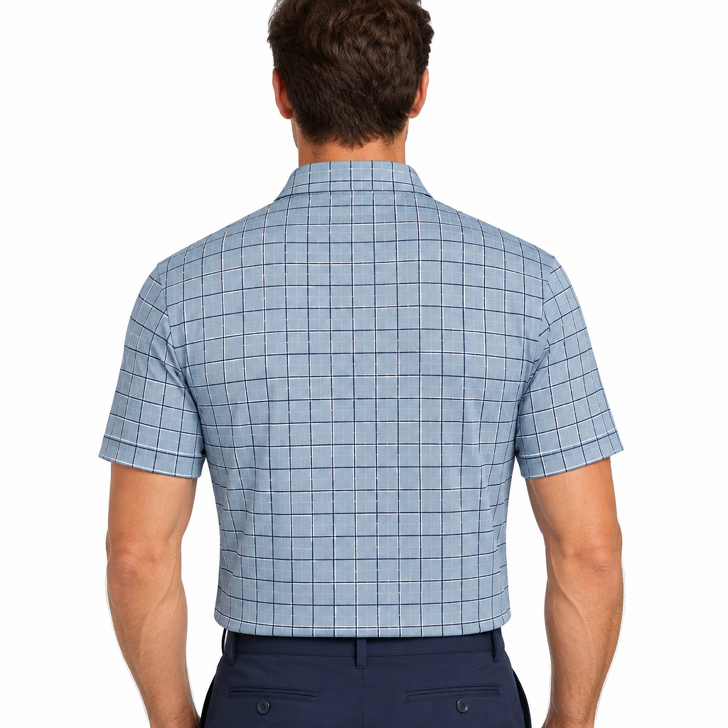 Collars & Co. Men's Polo Performance Fabric Semi-Spread Collar Blue/Navy Squares Size M