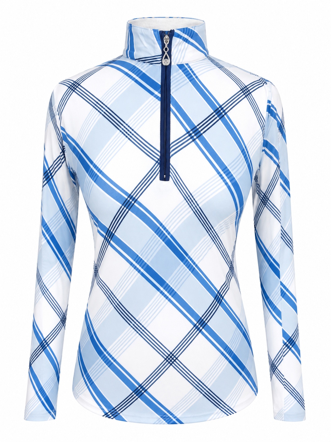 SanSoleil SolCool Print Mock Zip Top -  Plaid Blue - XS