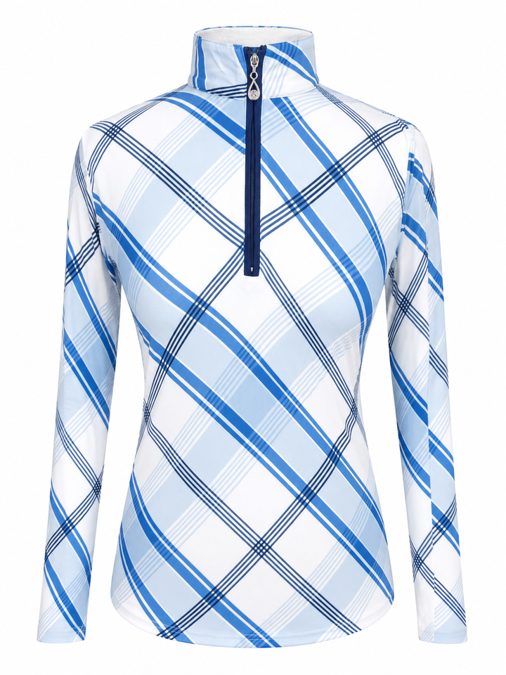 SanSoleil SolCool Print Mock Zip Top -  Plaid Blue - XS