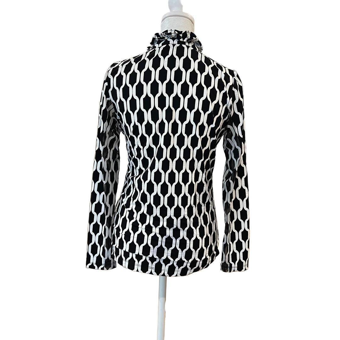 G Lifestyle Long Sleeve Print Double Ruffle Top - Black Geo