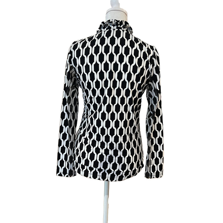 G Lifestyle Long Sleeve Print Double Ruffle Top - Black Geo