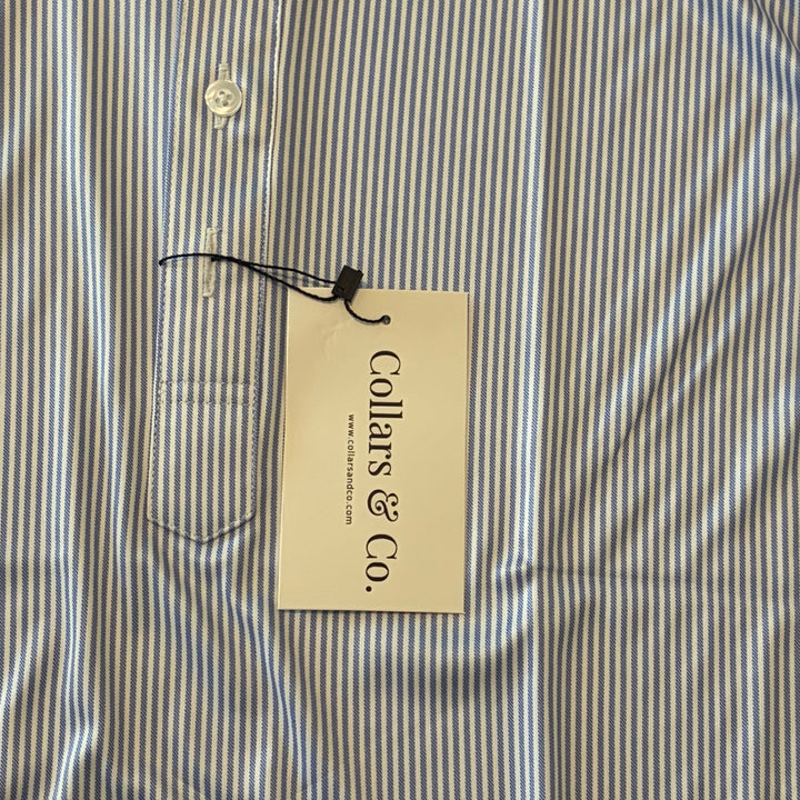 Collars & Co Men's Golf Polo Semi-Spread Collar Periwinkle Stripe Size L