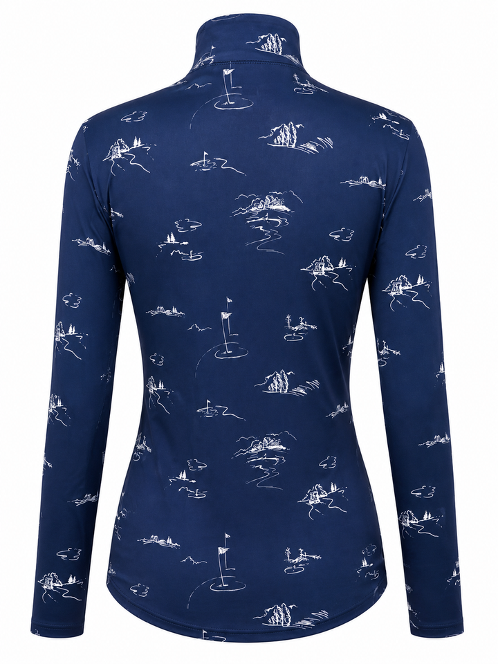 SanSoleil SolCool Print Long Sleeve Mock - Back 9 Navy - Small