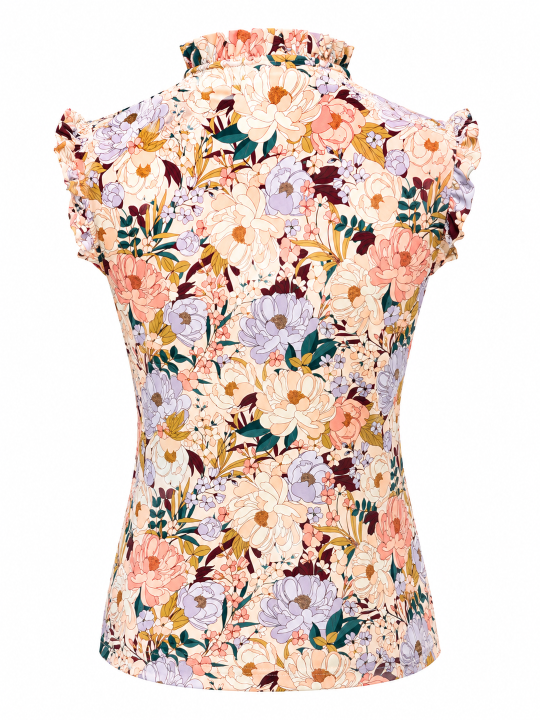 Kastel Champagne Blooming Peonies Sleeveless 1/4 Zip Ruffle Tank - Skorzie