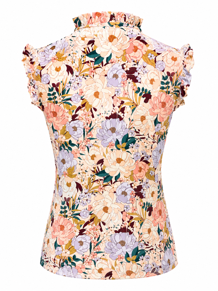 Kastel Champagne Blooming Peonies Sleeveless 1/4 Zip Ruffle Tank - Skorzie