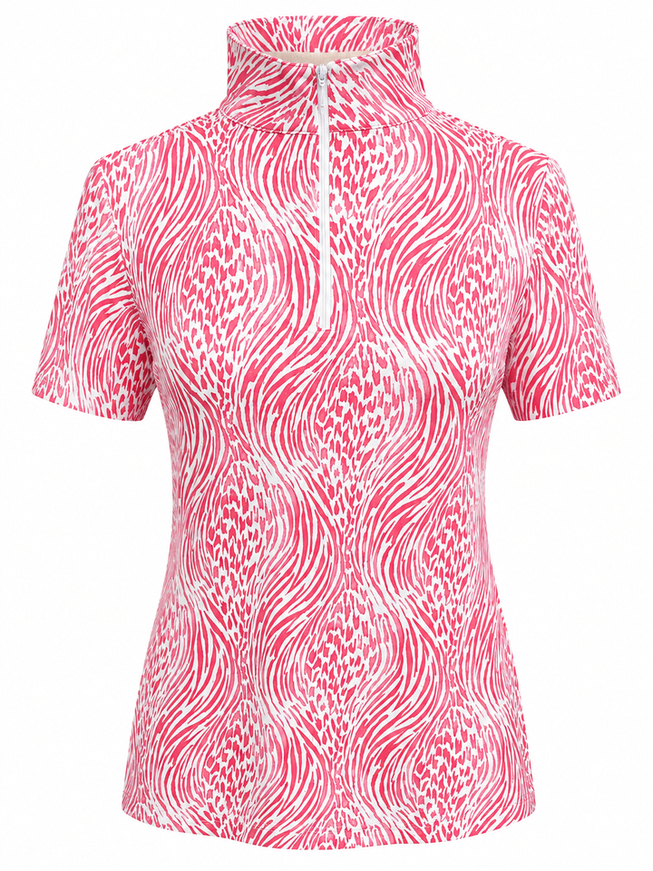 IBKUL Alena Short Sleeve Zip Mock - Watermelon/White