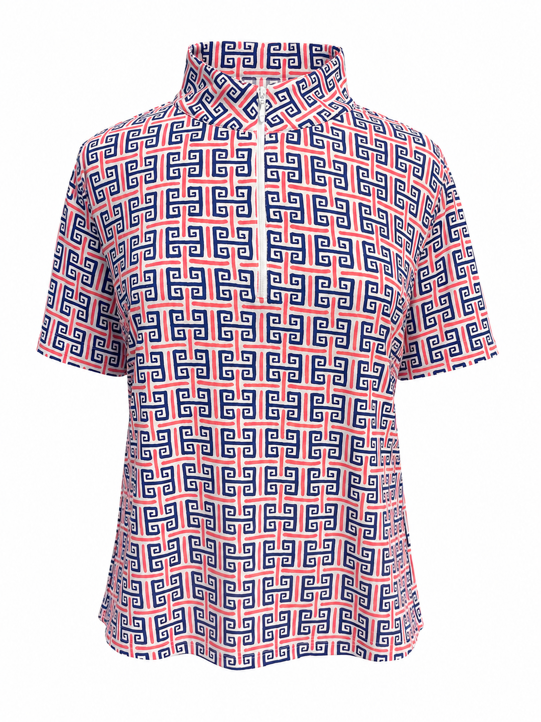 IBKUL Geo Key Short Sleeve Zip Mock - Navy/Red