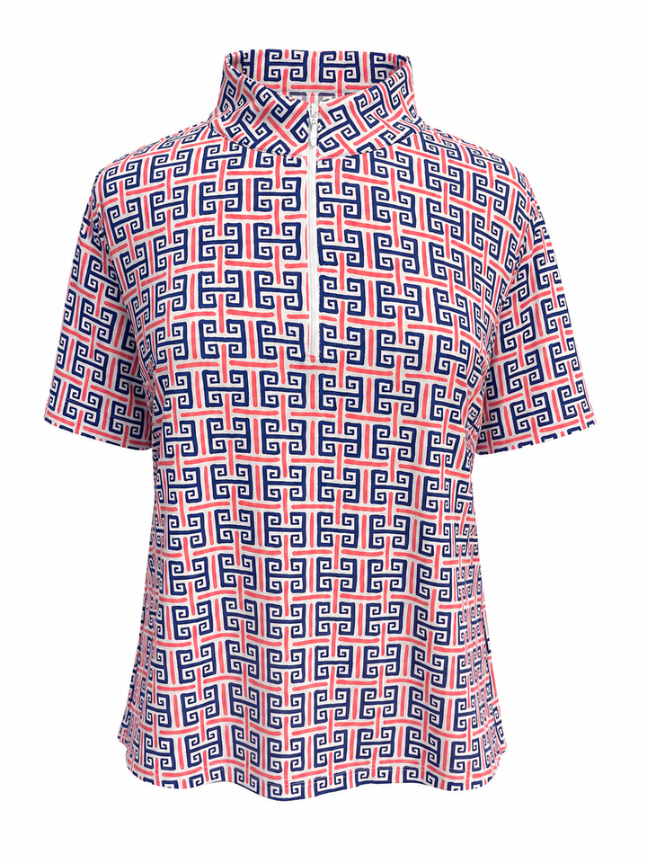 IBKUL Geo Key Short Sleeve Zip Mock - Navy/Red