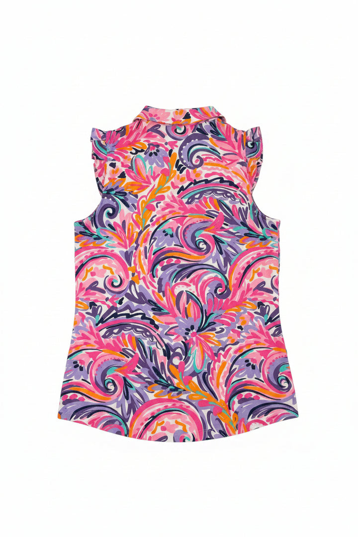 IBKUL Women's Aubrey Ruffle Sleeveless Zip Polo - Floral Swirl