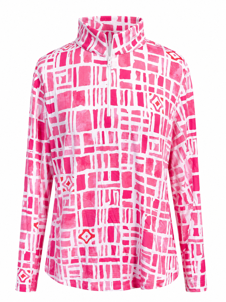 IBKUL Geometric Long Sleeve Zip Mock - Pink/White
