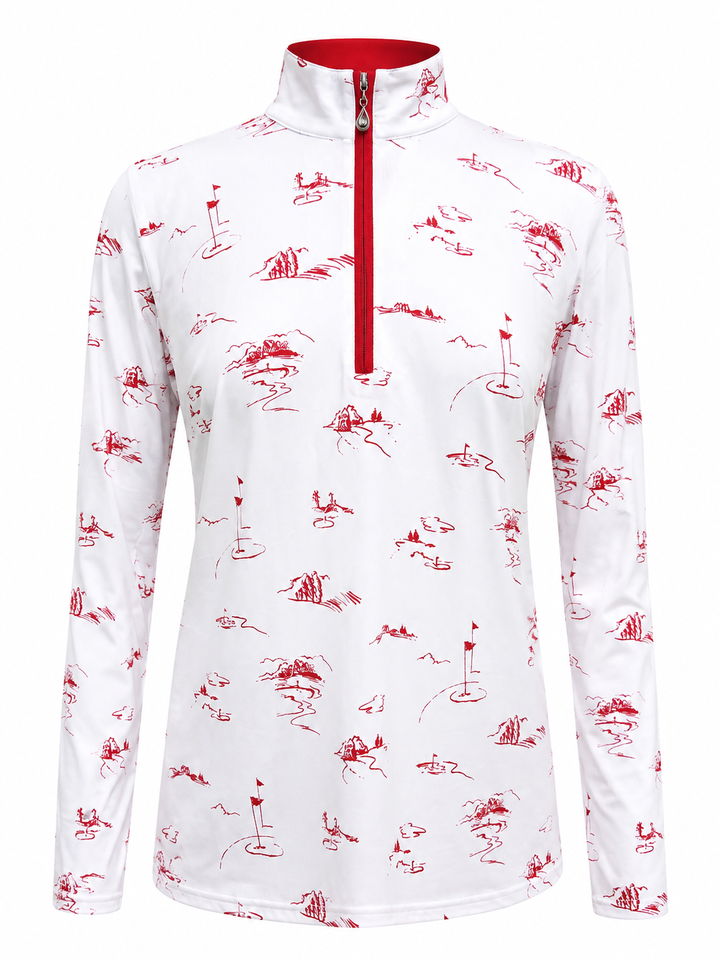 SanSoleil SolCool Print Long Sleeve Mock - Back 9 Red - XL