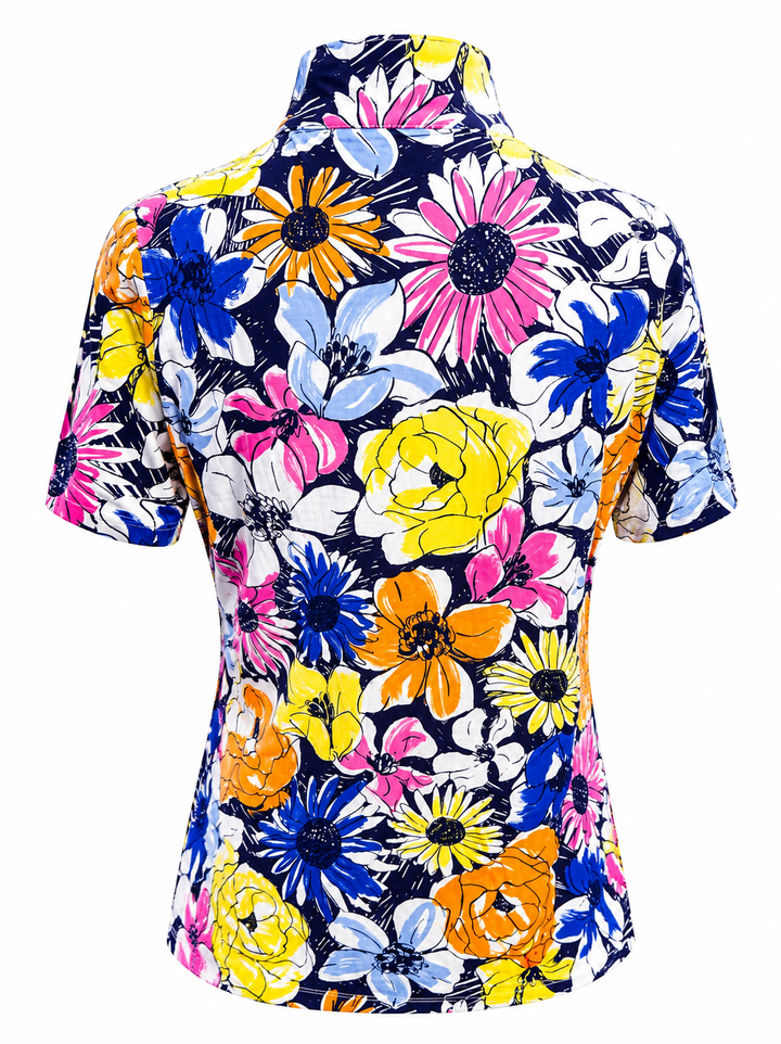 IBKUL Medeline Short Sleeve Zip Mock - Orange Multi