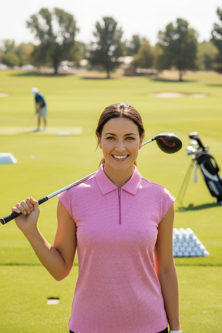 IBKUL Women's Mini Check Sleeveless Zip Polo - Hot Pink/White