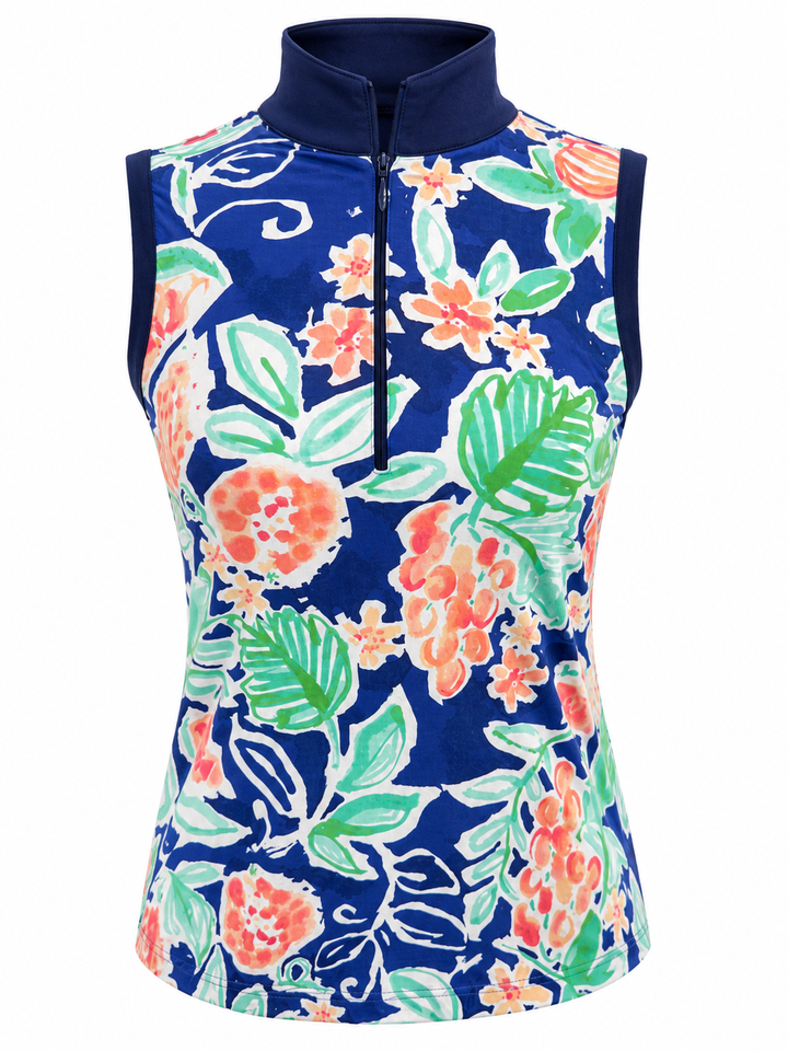 IBKUL Botanical Print Sleeveless Zip Top - Navy/Peach