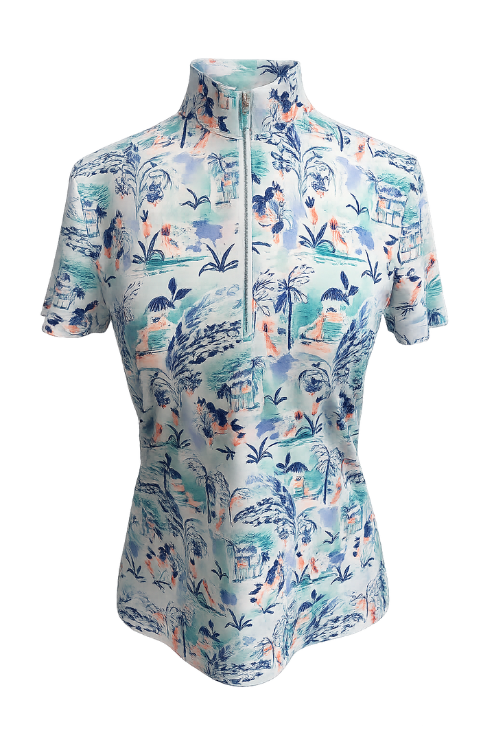 Greg Norman Women's Tiki Palm Short Sleeve Zip Top - Medium