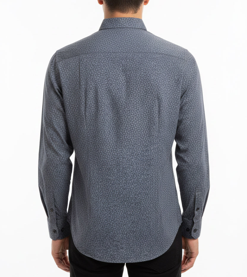 Bugatchi Men's L/S Polo James Geometric OoohCotton® Night Blue Size S