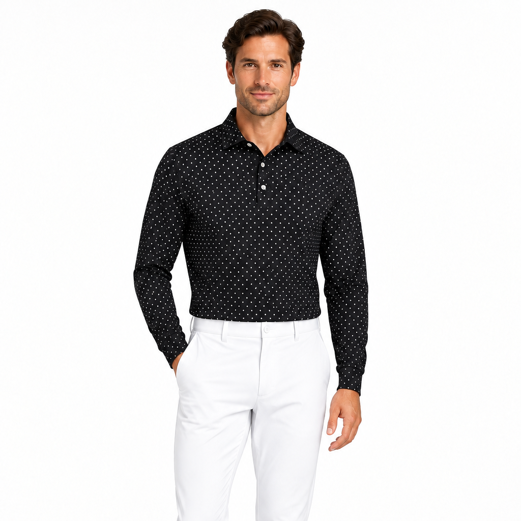 Collars & Co. Men's L/S Polo Performance Fabric Semi-Spread Black/White Polka Dot Size L