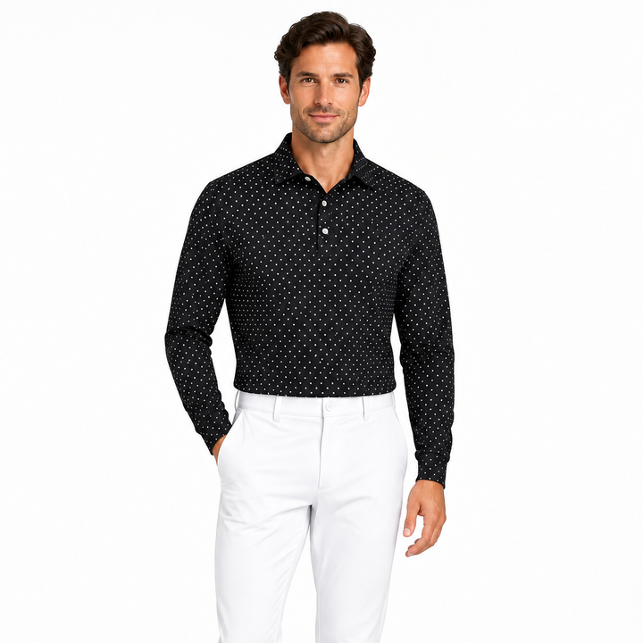 Collars & Co. Men's L/S Polo Performance Fabric Semi-Spread Black/White Polka Dot Size L