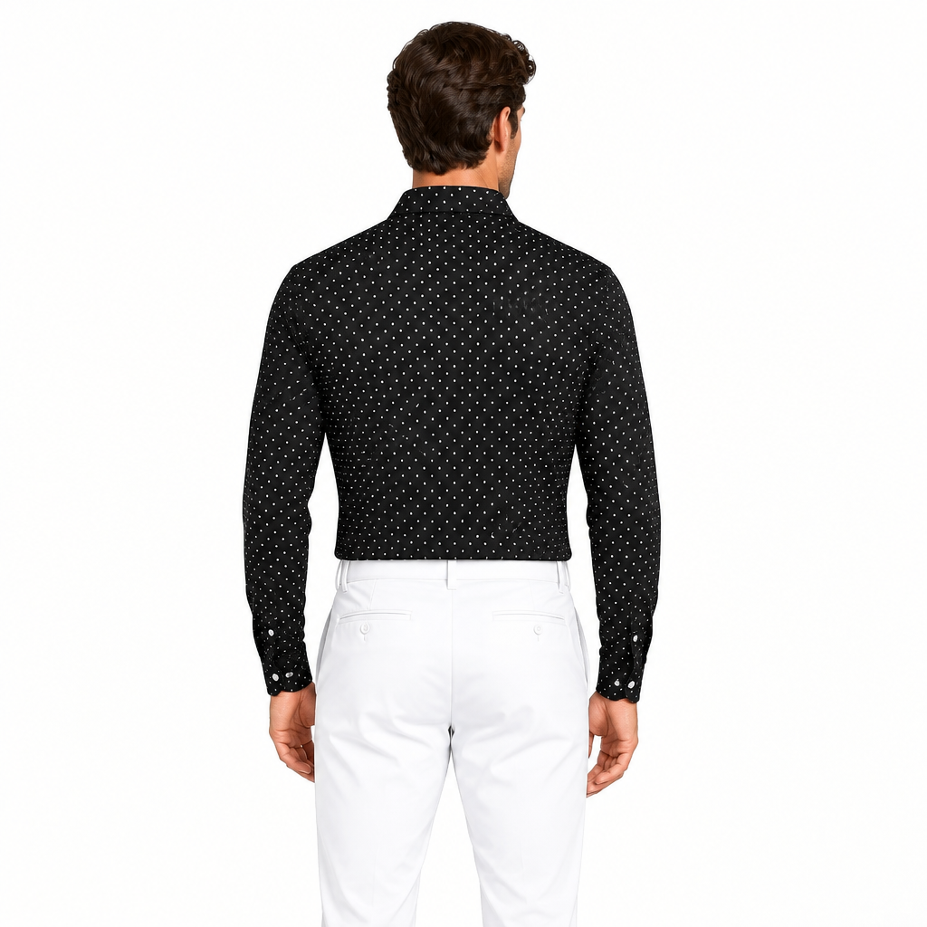 Collars & Co. Men's L/S Polo Performance Fabric Semi-Spread Black/White Polka Dot Size L
