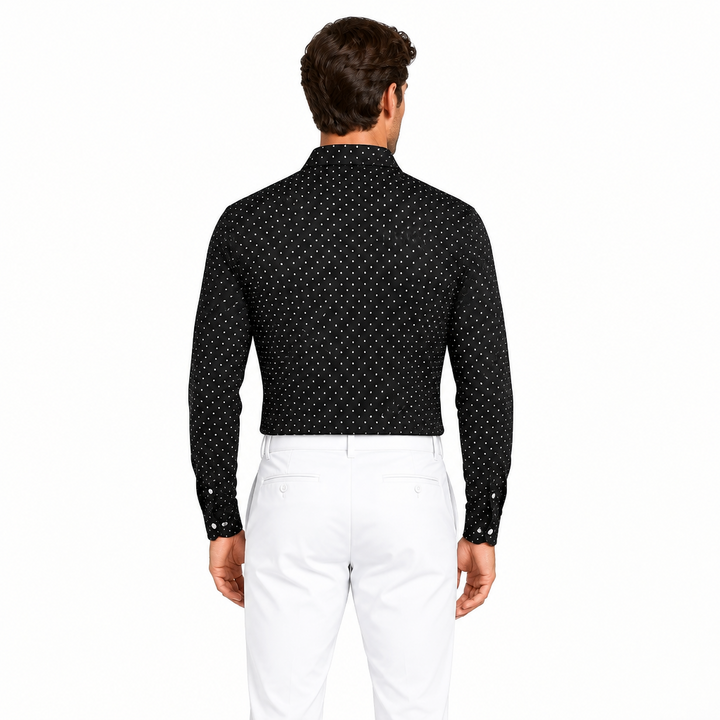 Collars & Co. Men's L/S Polo Performance Fabric Semi-Spread Black/White Polka Dot Size L
