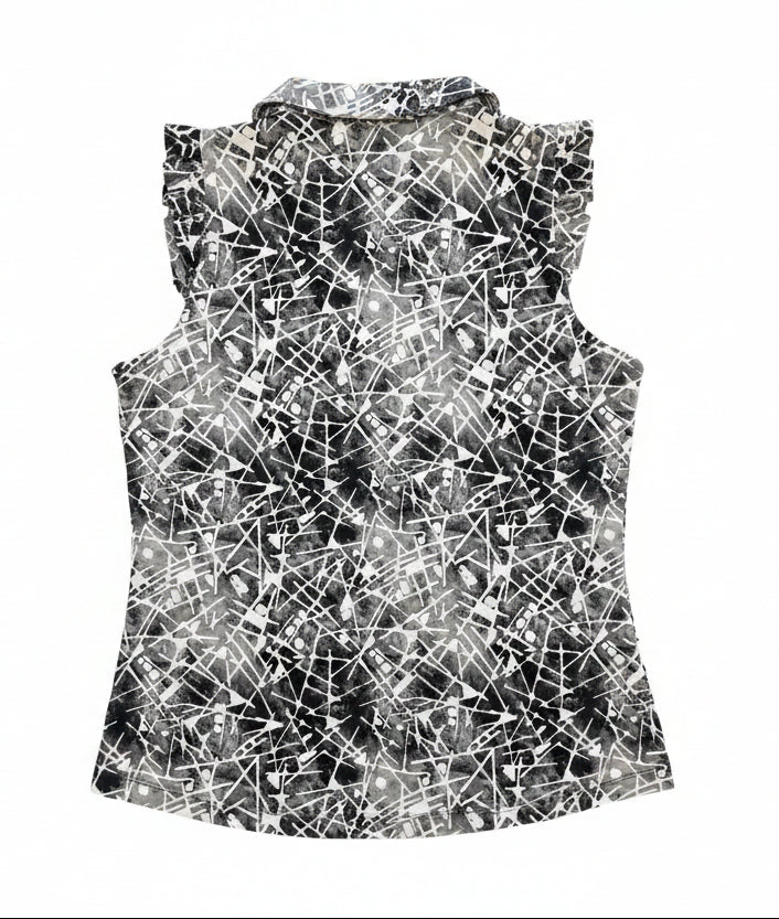 IBKUL Women's Evie Ruffle Sleeveless Zip Polo - Black/White Abstract
