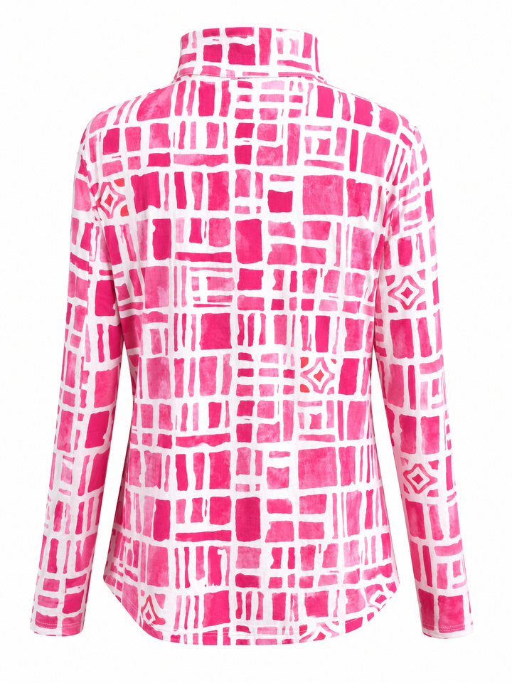 IBKUL Geometric Long Sleeve Zip Mock - Pink/White