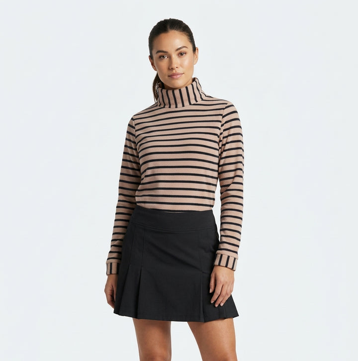 Dudley Stephens Women's Turtleneck Cobble Hill Vello Fleece Camel/Black Stripe Size XS - Skorzie