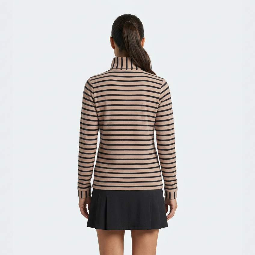 Dudley Stephens Women's Turtleneck Cobble Hill Vello Fleece Camel/Black Stripe Size XS - Skorzie