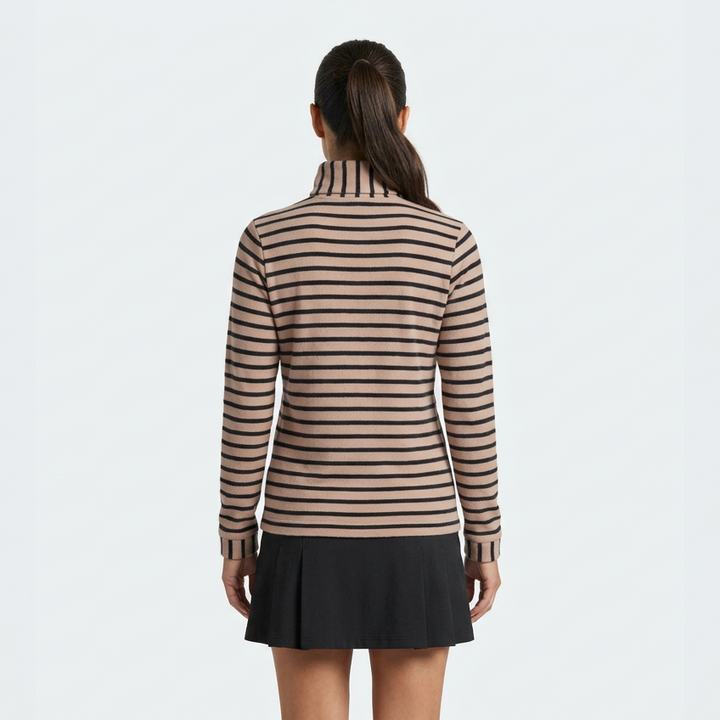 Dudley Stephens Women's Turtleneck Cobble Hill Vello Fleece Camel/Black Stripe Size XS - Skorzie
