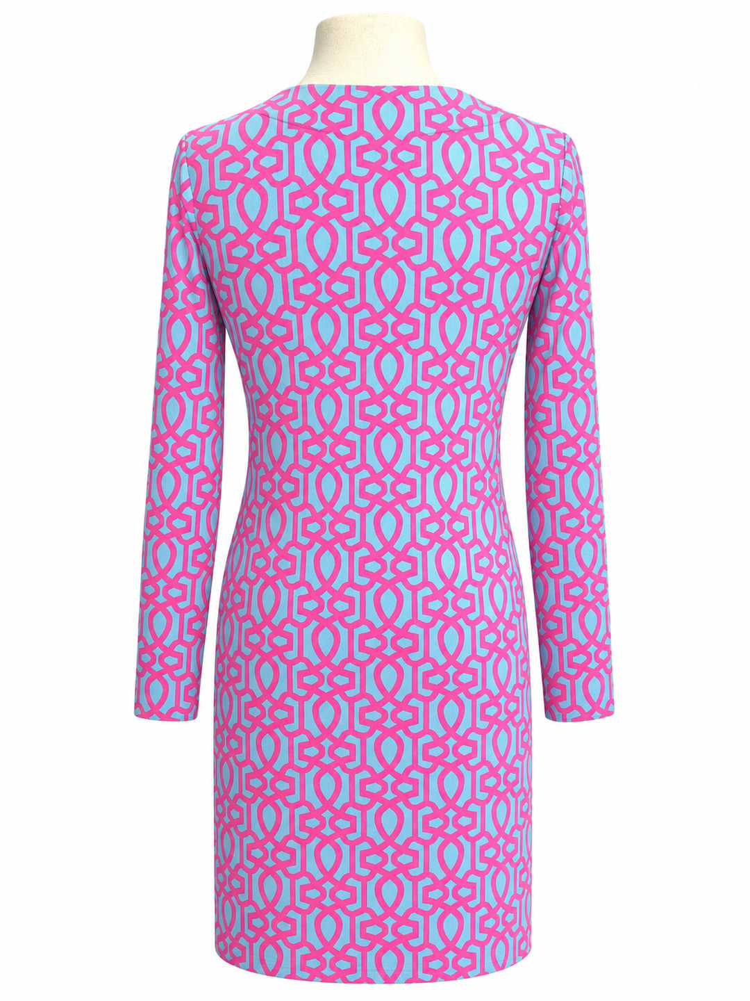 IBKUL Long Sleeve V-Neck Garden Gate Dress - Hot Pink/Sky Blue - Small - Skorzie