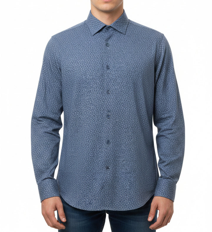 Bugatchi Men's L/S Polo James Geometric OoohCotton® Night Blue Size S