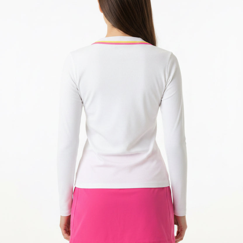 G/FORE Contrast Johnny Collar Tech Nylon Rib L/S Polo (w/ logo) - White - X-Small - Skorzie